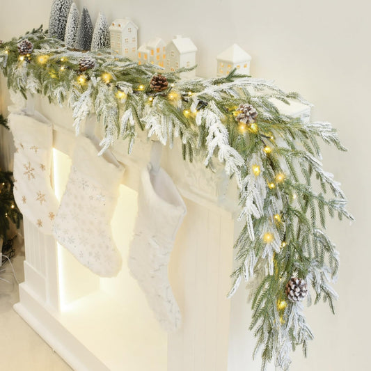 Yoleshy 6FT Real Touch Norfolk Pine Garland with Pinecone and White Snow Battery Operated Prelit Christmas Decorations for Mantle Fireplace