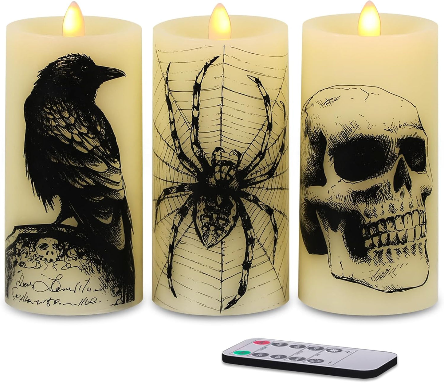 Eldnacele Halloween LED Flameless Flickering Candles Battery Operated with 6H Timer Skull Spider Web Crow Raven Spooky Decals Halloween Themed Indoor Decoration(3 Pack, D3 X H6)