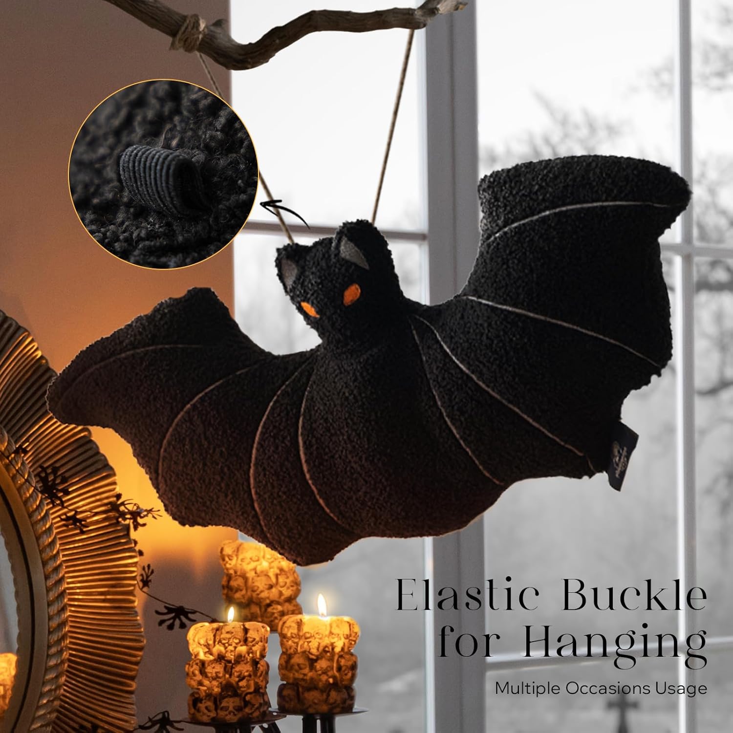 Phantoscope Happy Halloween Bat Shaped Throw Pillow, Teddy Fleece Embroidery Decorative Halloween Pillow for Couch, Sofa, Bed, Black 12 X 25.5 Inches