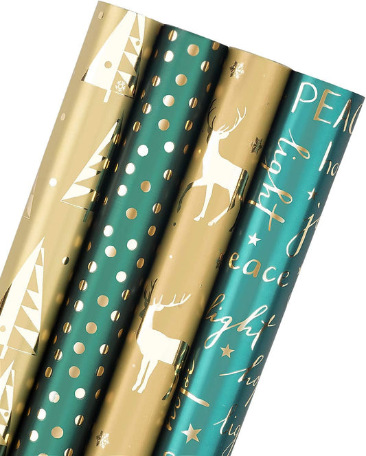 WRAPAHOLIC 30 Inch Green Christmas Wrapping Paper Roll - Jumbo Roll Green and Gold Holiday Design with Metallic Foil Shine - 4 Rolls - 30 Inch X 120 Inch per Roll