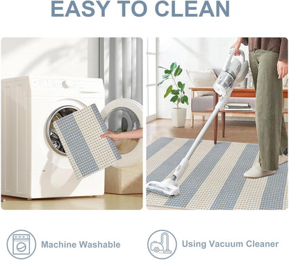 Washable Outdoor Rug 3'X5', Blue/White/Tan Outdoor Area Rug Entryway Rugs Indoor Door Mat Front Porch Rug Cotton Small Checkered Rug Floor Carpet for Entry/Patio/Bedroom/Living Room