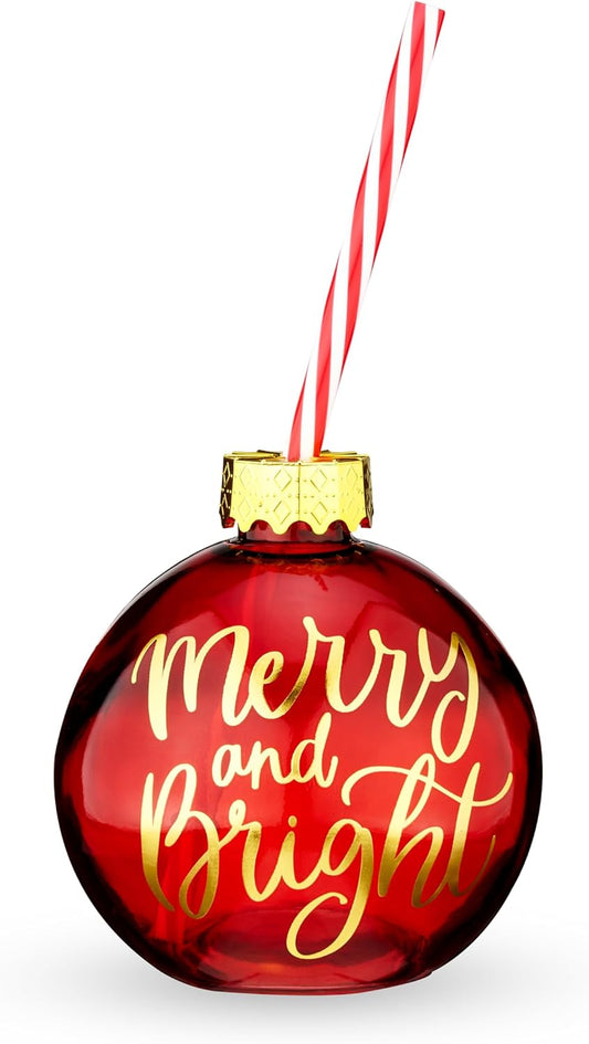 Blush Ornament Drink Cup with Straws for Christmas - 14 Ounce Vintage Style Christmas Party Decoration Wine Globe with Peppermint Stripe, Party Supplies