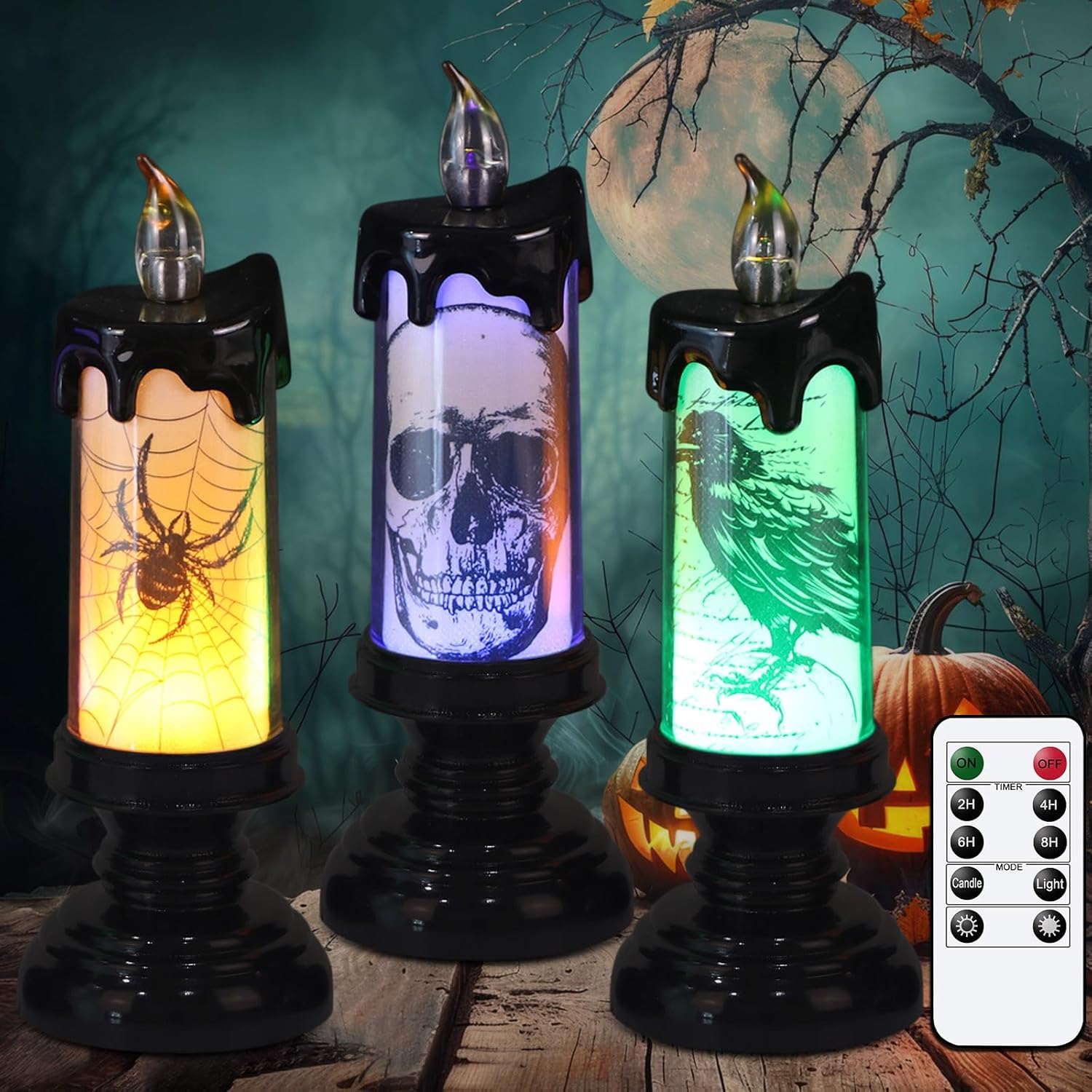 Eldnacele Halloween LED Flameless Flickering Candles Battery Operated with 6H Timer Skull Spider Web Crow Raven Spooky Decals Halloween Themed Indoor Decoration(3 Pack, D3 X H6)