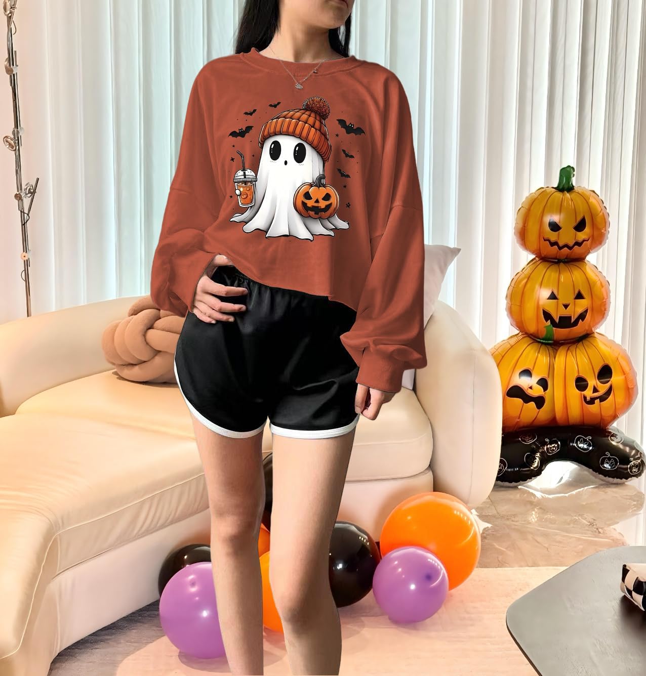 Women'S Retor Ghost Skull Crop Sweatshirt Fall Halloween Lantern Long Sleeve Pullover Spooky Season Sweatshirt
