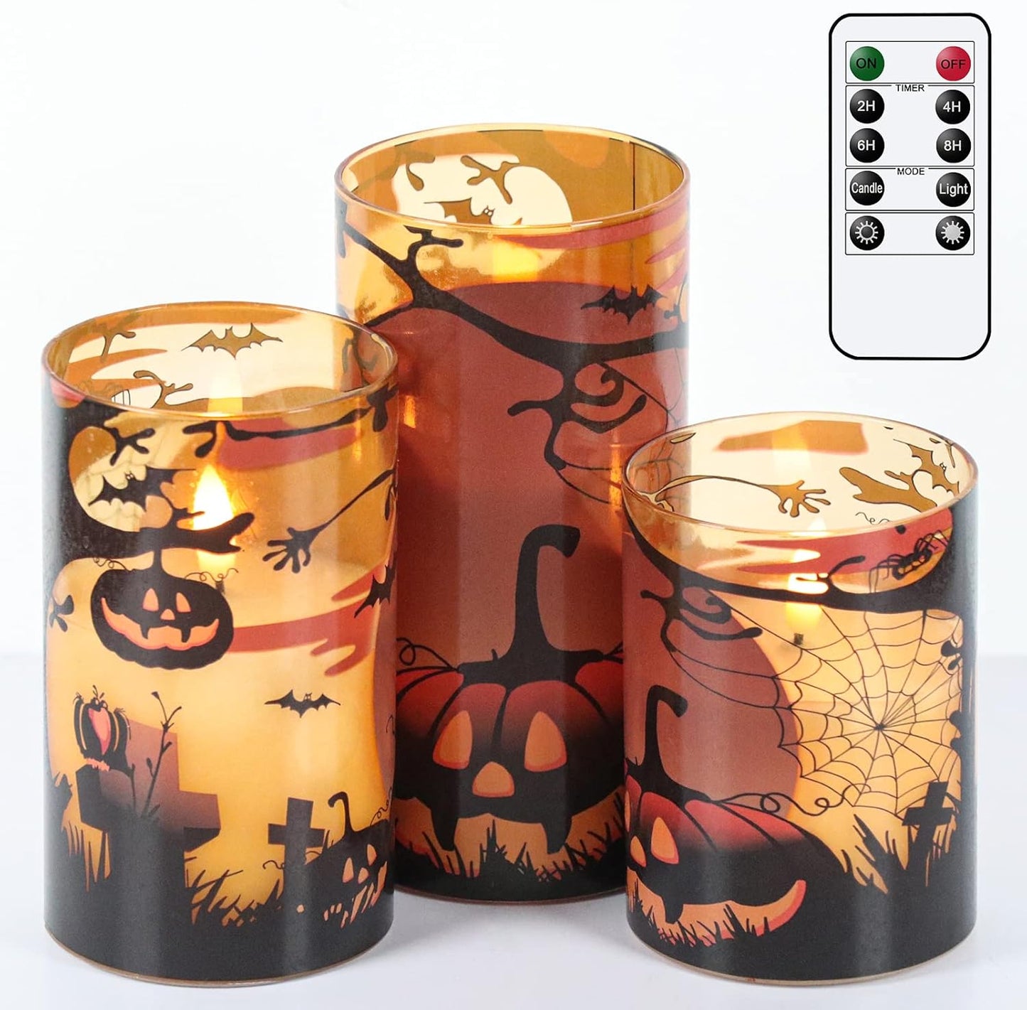Eldnacele Halloween LED Flameless Flickering Candles Battery Operated with 6H Timer Skull Spider Web Crow Raven Spooky Decals Halloween Themed Indoor Decoration(3 Pack, D3 X H6)