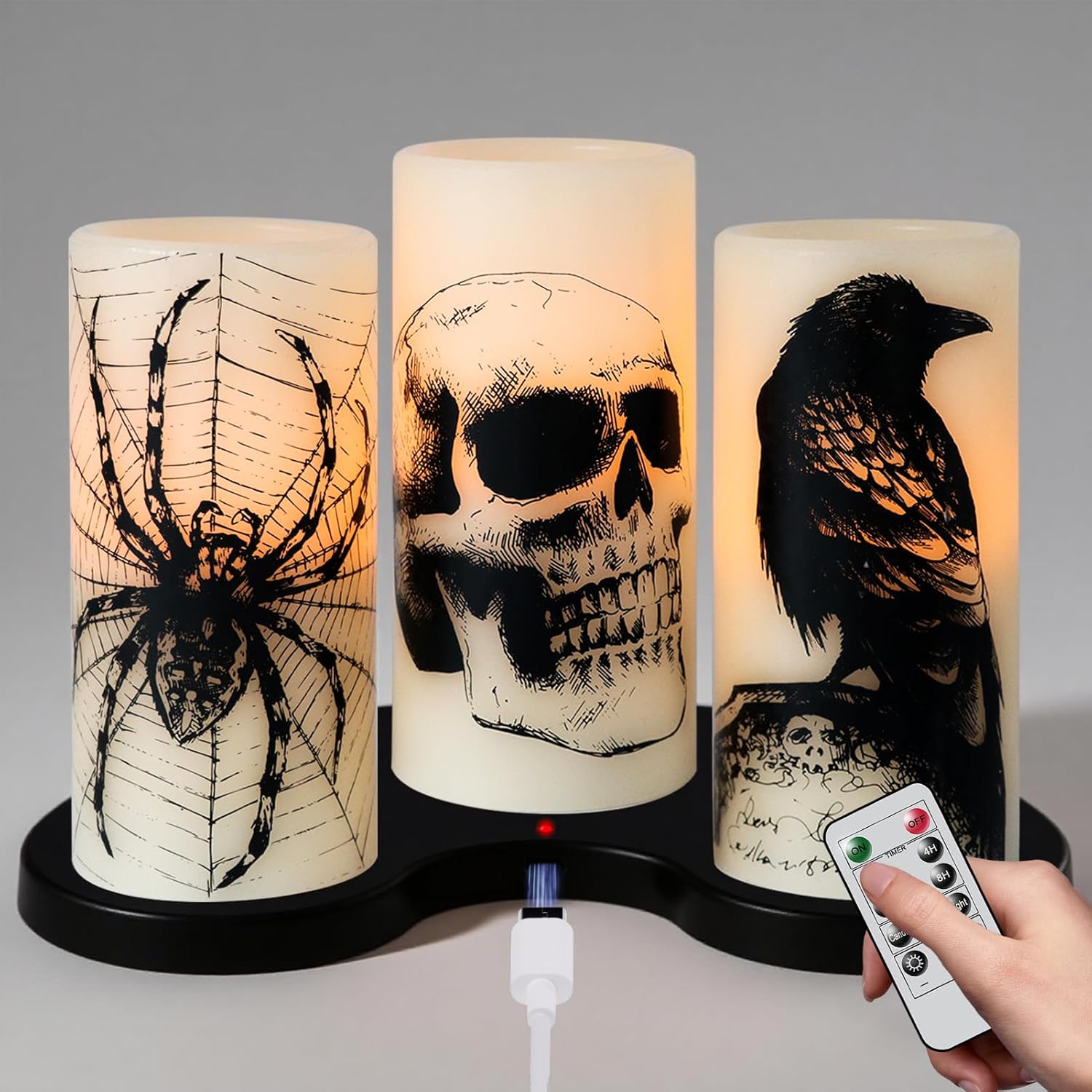 Eldnacele Halloween LED Flameless Flickering Candles Battery Operated with 6H Timer Skull Spider Web Crow Raven Spooky Decals Halloween Themed Indoor Decoration(3 Pack, D3 X H6)