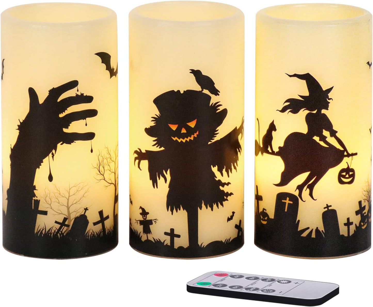 Eldnacele Halloween LED Flameless Flickering Candles Battery Operated with 6H Timer Skull Spider Web Crow Raven Spooky Decals Halloween Themed Indoor Decoration(3 Pack, D3 X H6)