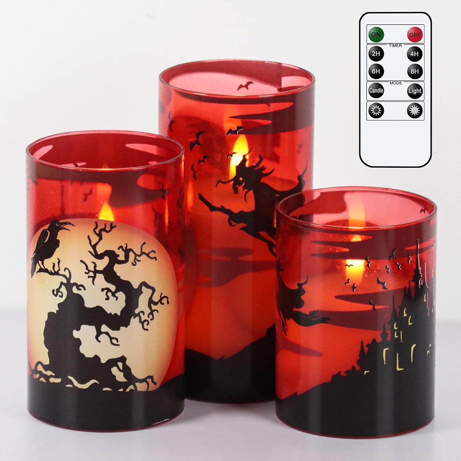 Eldnacele Halloween LED Flameless Flickering Candles Battery Operated with 6H Timer Skull Spider Web Crow Raven Spooky Decals Halloween Themed Indoor Decoration(3 Pack, D3 X H6)