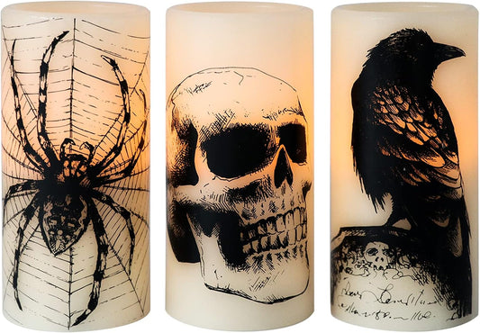 Eldnacele Halloween LED Flameless Flickering Candles Battery Operated with 6H Timer Skull Spider Web Crow Raven Spooky Decals Halloween Themed Indoor Decoration(3 Pack, D3 X H6)
