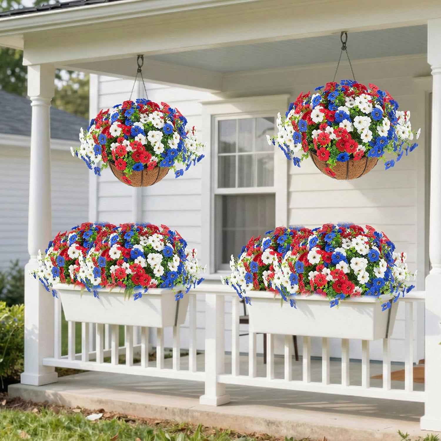 Hananona 2 Set Artificial Outdoor Flowers Hanging Basket with 24 Pcs Patriotic Flowers for Summer Front Porch Patio 4th of July Decor (2, Red, White, Blue)