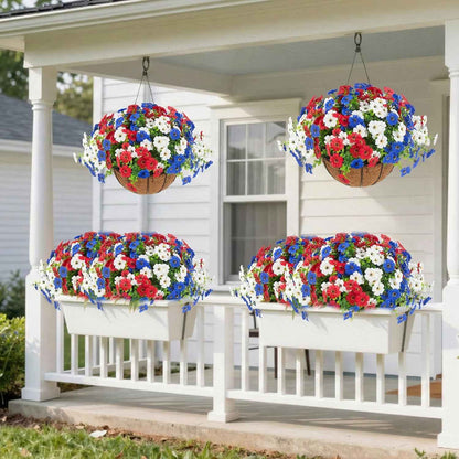 Hananona 2 Set Artificial Outdoor Flowers Hanging Basket with 24 Pcs Patriotic Flowers for Summer Front Porch Patio 4th of July Decor (2, Red, White, Blue)
