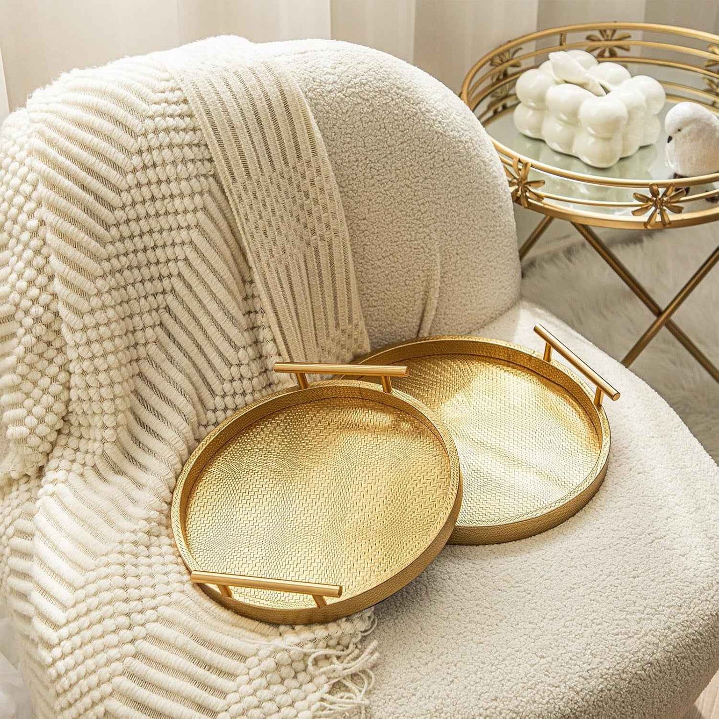 2 Piece Golden round Serving Tray with Handles, Woven-Texture Faux Leather Ottoman Tray for Living Room, Decorative Tray for Coffee Table Home Decor