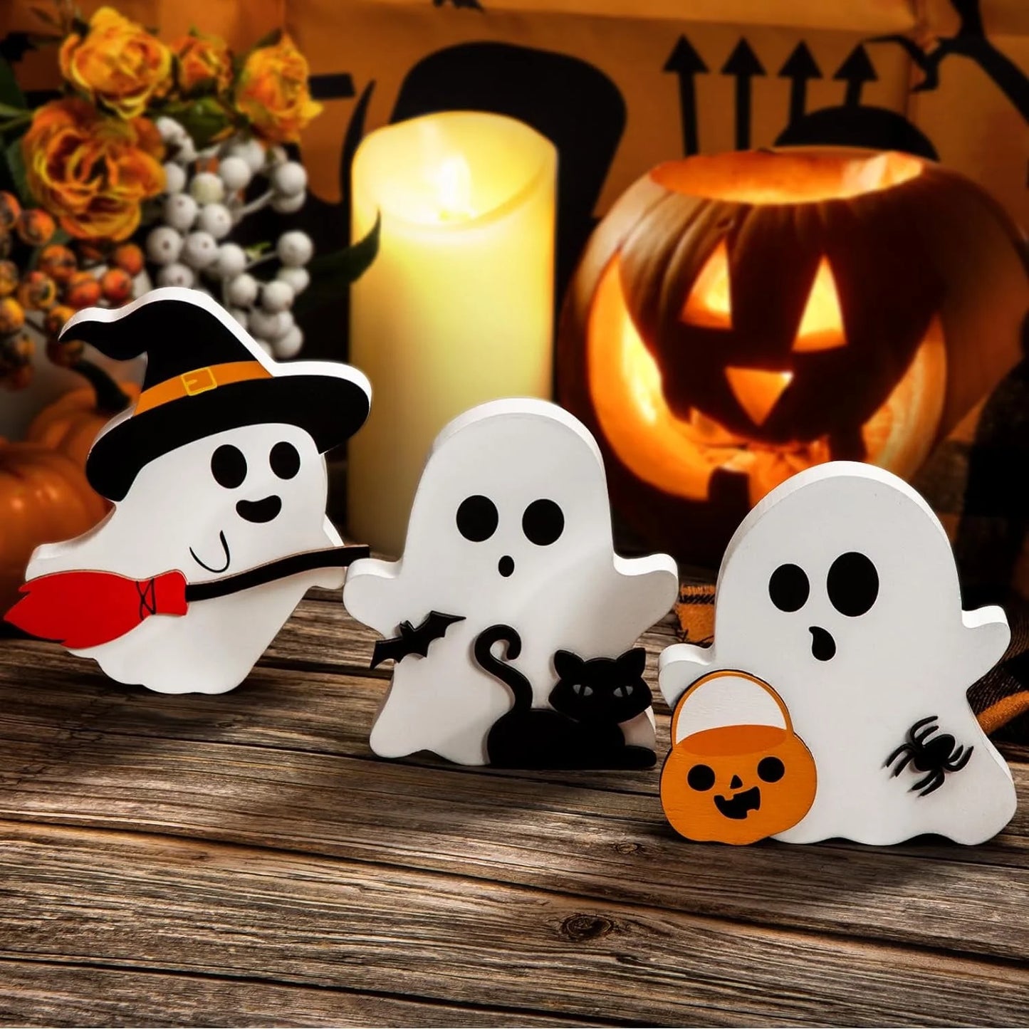 Halloween Tier Tray Decorations Cute Ghost Halloween Tabletop Decor Table Wooden Signs Table Centerpieces Rustic Farmhouse Indoor Decorations for Halloween Fall Party Home Kitchen