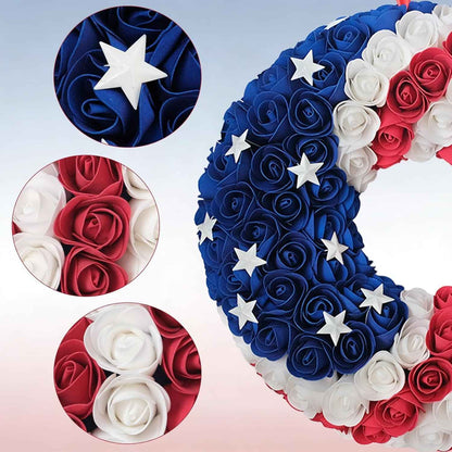 Idyllic 20 Inch Patriotic Wreath for Front Door, PE Roses with Metal Stars - Perfect for Home Decoration & Memorial Day, 4th of July Celebrations
