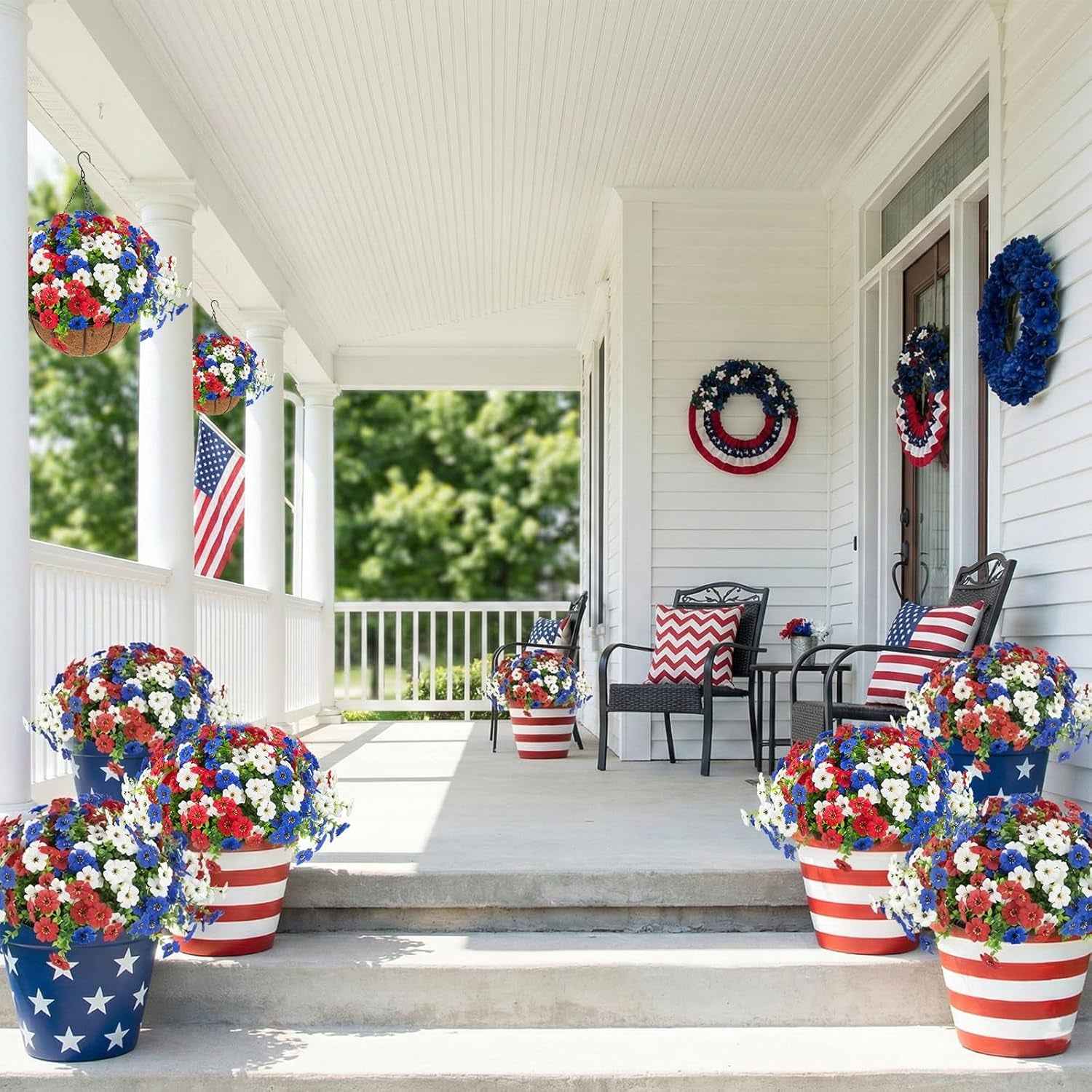 Hananona 2 Set Artificial Outdoor Flowers Hanging Basket with 24 Pcs Patriotic Flowers for Summer Front Porch Patio 4th of July Decor (2, Red, White, Blue)