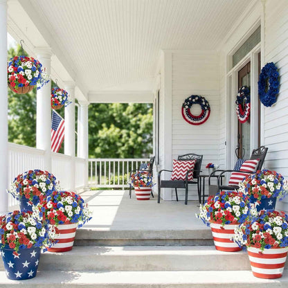 Hananona 2 Set Artificial Outdoor Flowers Hanging Basket with 24 Pcs Patriotic Flowers for Summer Front Porch Patio 4th of July Decor (2, Red, White, Blue)