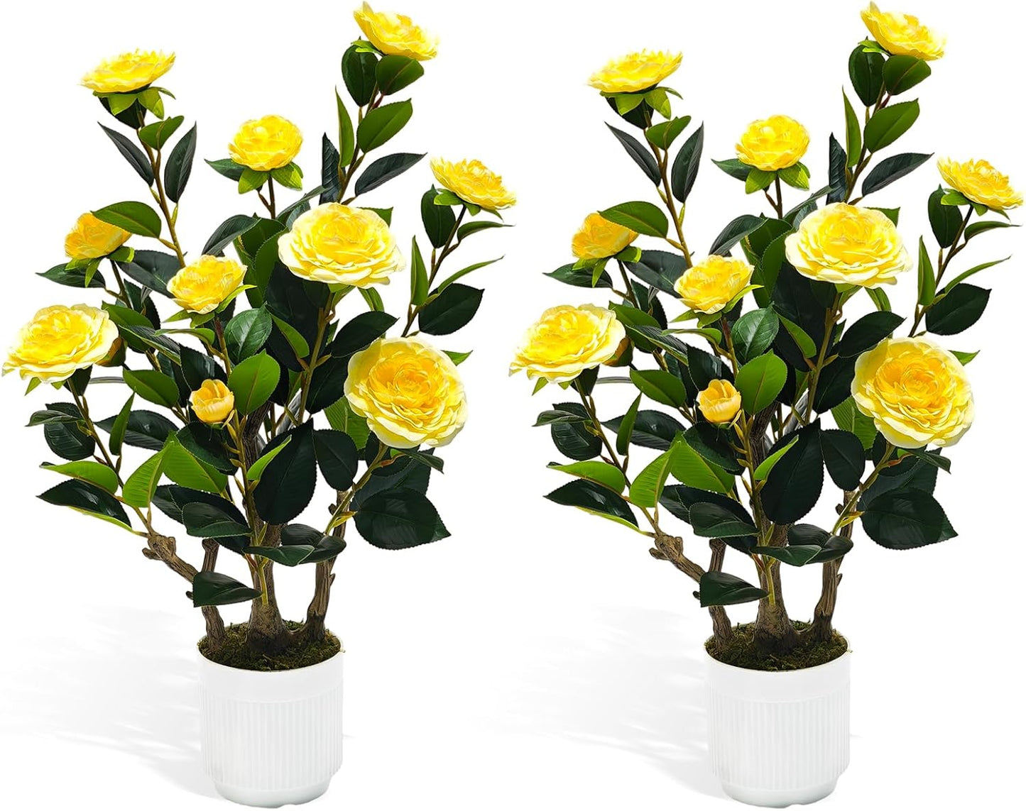 Artificial Camellia Tree, 3FT Yellow Fake Tree Blooming Camellia Flower Plant for Spring Home Front Door Outdoor Indoor Decoration