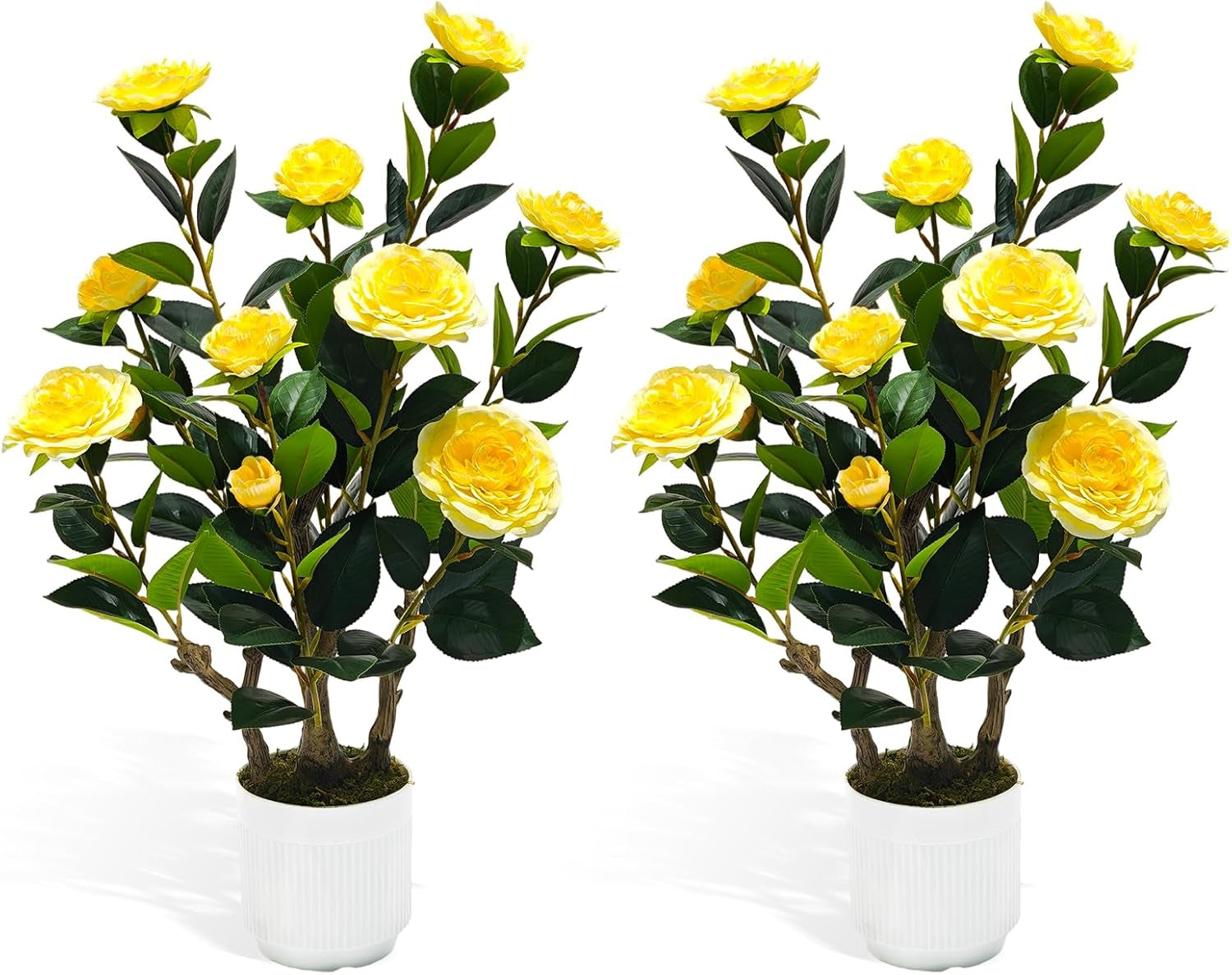 Artificial Camellia Tree, 3FT Yellow Fake Tree Blooming Camellia Flower Plant for Spring Home Front Door Outdoor Indoor Decoration
