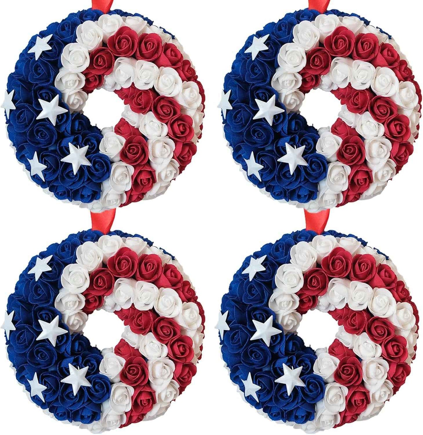 Idyllic 20 Inch Patriotic Wreath for Front Door, PE Roses with Metal Stars - Perfect for Home Decoration & Memorial Day, 4th of July Celebrations