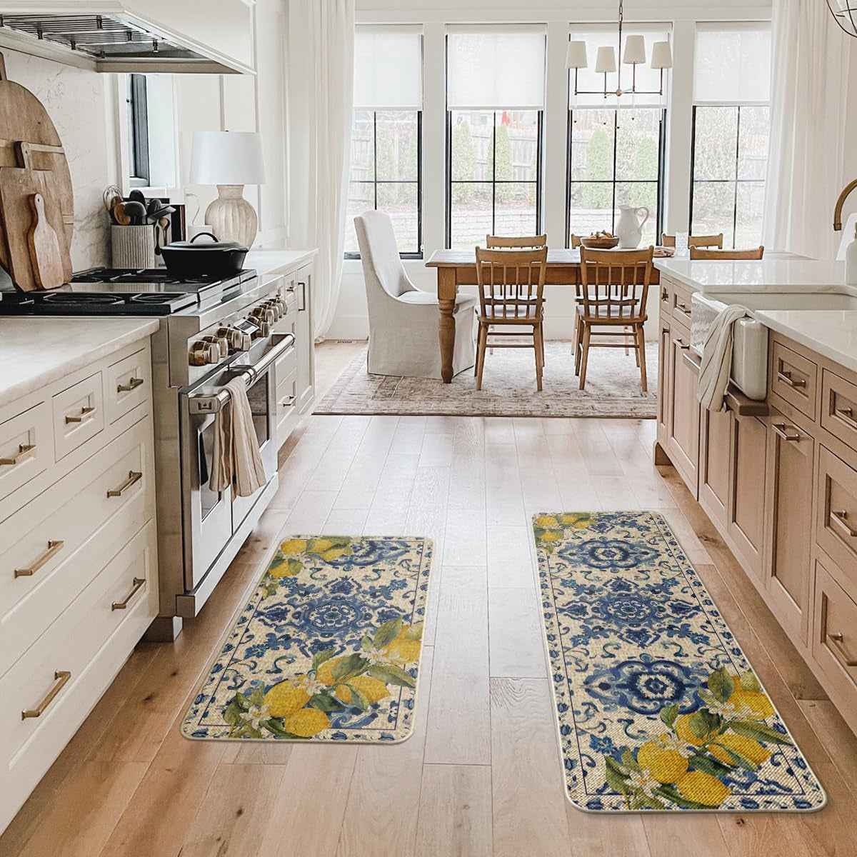 Blue Floral Lemons Spring Kitchen Mats Set of 2, Home Decor Low-Profile Kitchen Rugs for Floor - 17X29 and 17X47 Inch