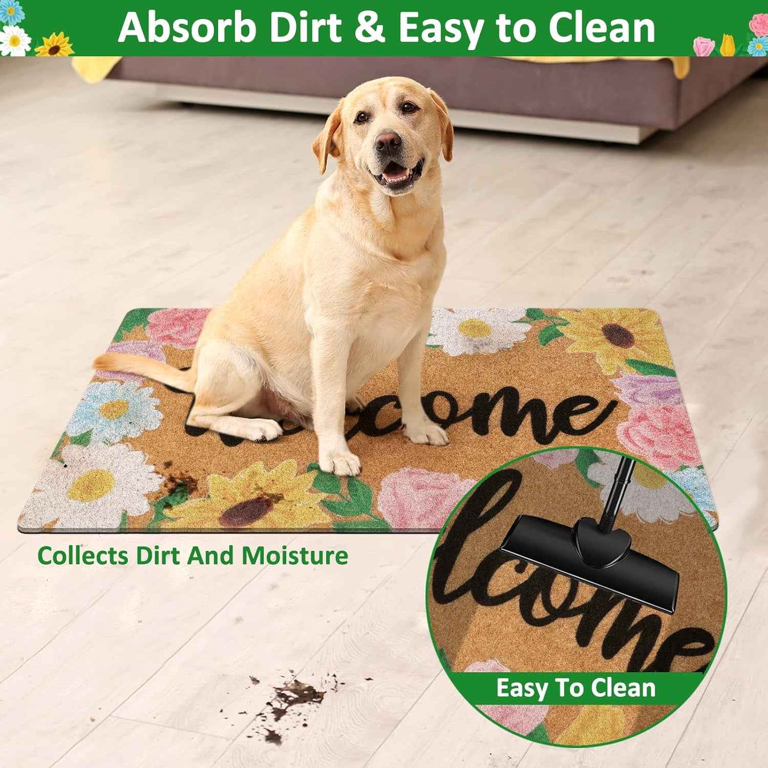 Floral Welcome Doormat Spring Indoor Outdoor Daisy Sunflower Tulip Rose Home Housewarming Front Porch Rugs Floor Mat Entrance Supplies 17 X 30 Inches