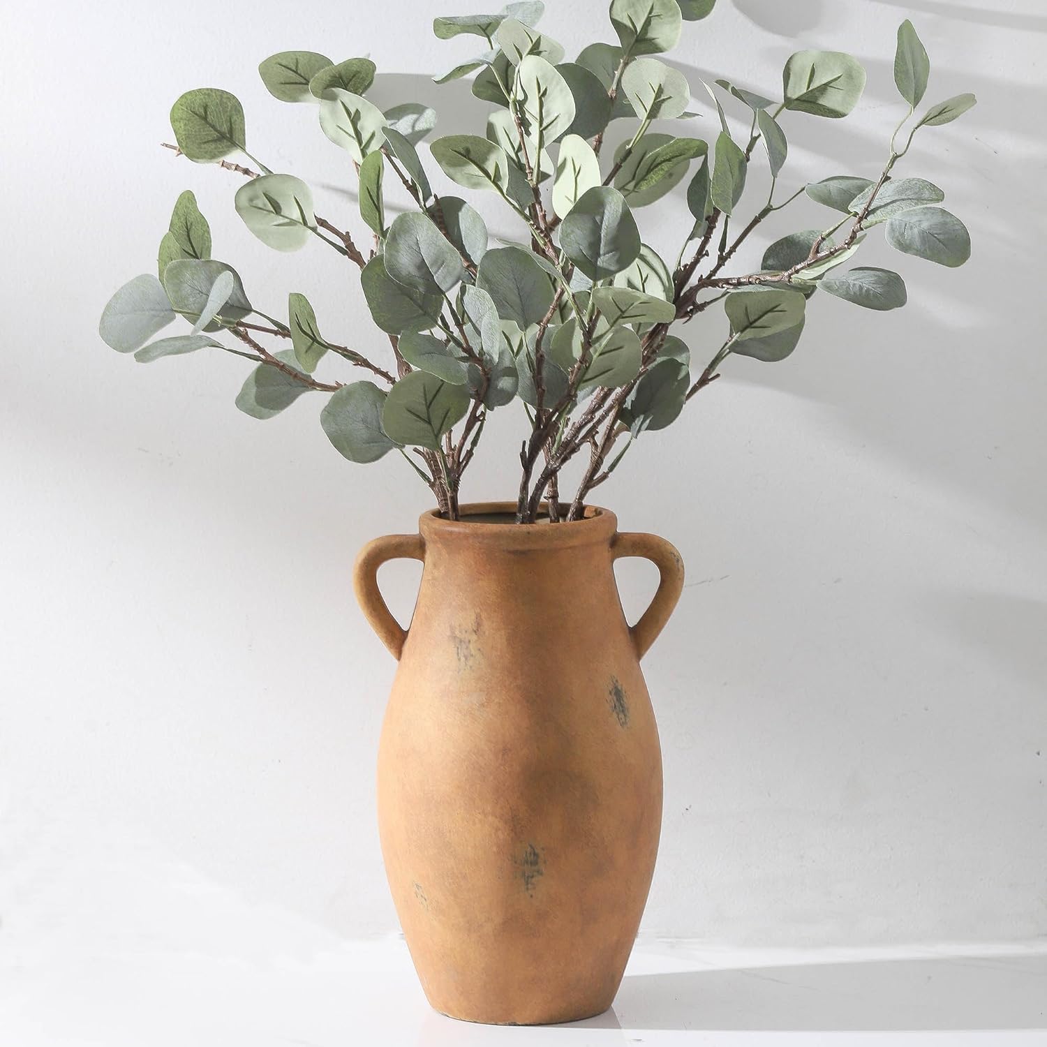 Large Ceramic Vase - 11.41 Inch Tall Rustic Vase with 2 Handles, Decorative Flower Vases for Home Decor, Living Room Shelf Decor, Table Office