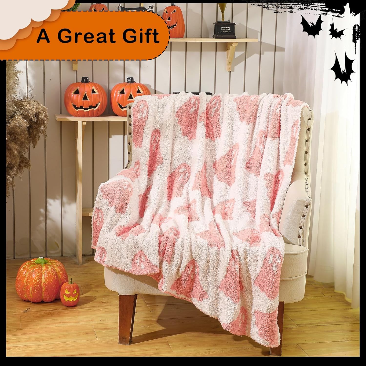 50 X 60'' Halloween Microfiber Throw Blanket Pink Ghost Blanket Soft, Cozy, Fluffy for Living Room, Sofa, Bed (Ghost, Peach Pink)