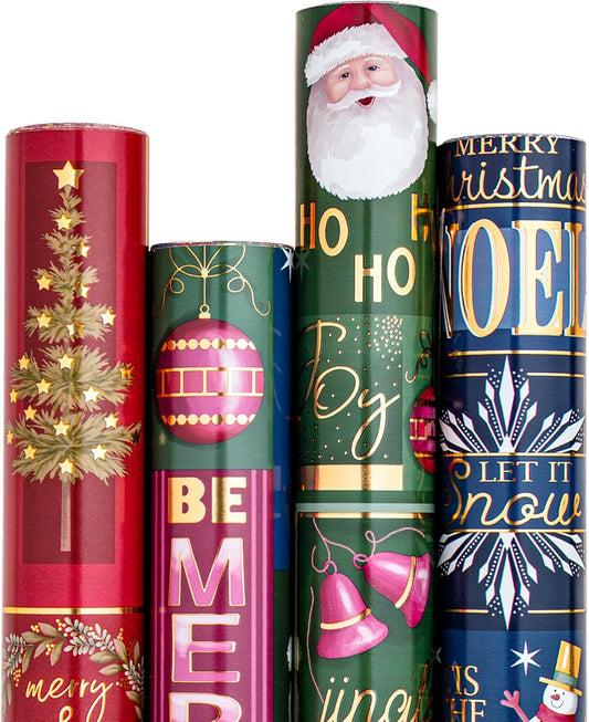 RUSPEPA Christmas Wrapping Paper - Santa Claus, Snowman, Christmas Tree and Bell Design - 4 Rolls - 30 Inches X 10 Feet per Roll