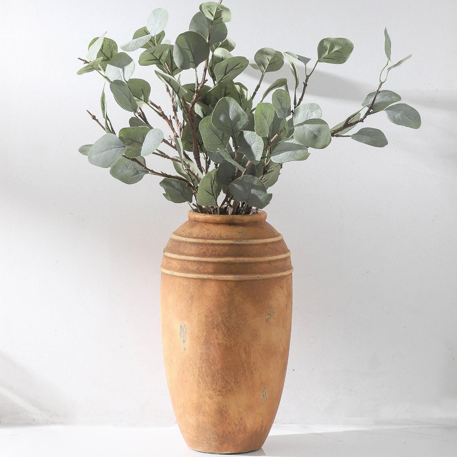 Large Ceramic Vase - 11.41 Inch Tall Rustic Vase with 2 Handles, Decorative Flower Vases for Home Decor, Living Room Shelf Decor, Table Office