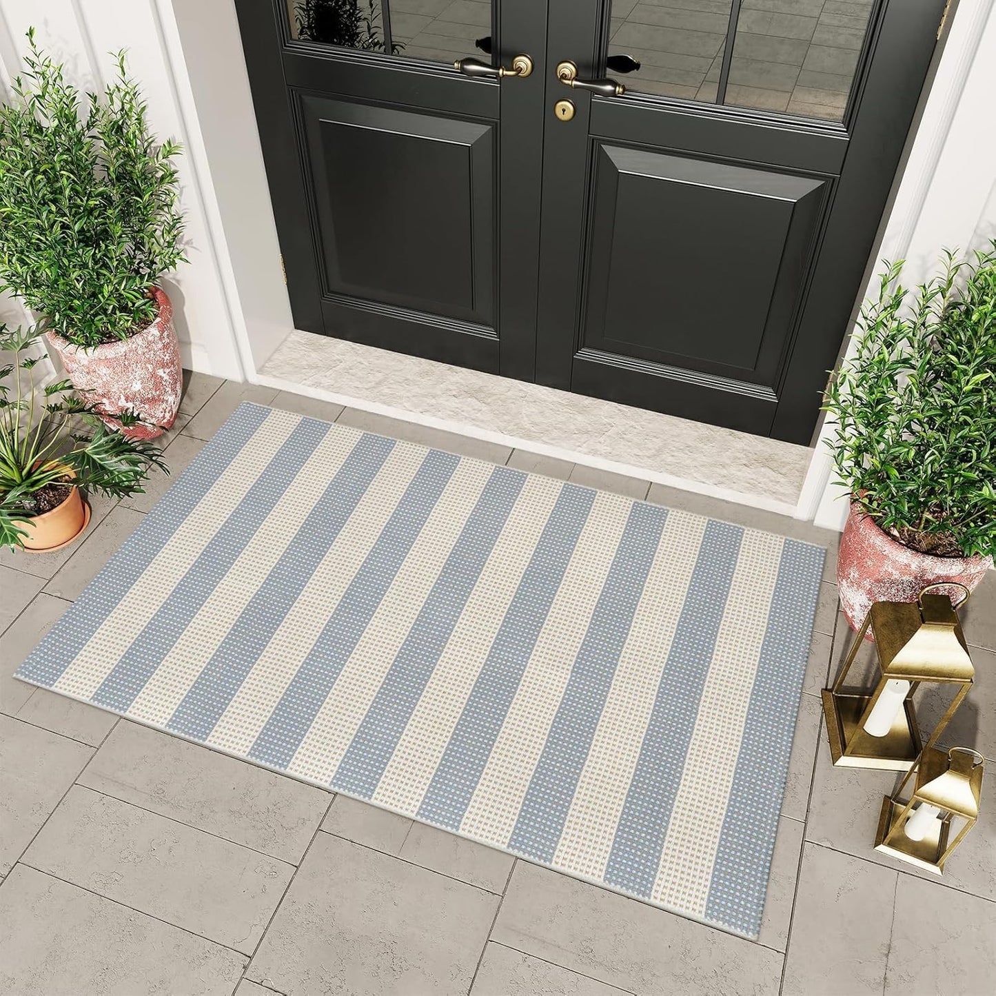 Washable Outdoor Rug 3'X5', Blue/White/Tan Outdoor Area Rug Entryway Rugs Indoor Door Mat Front Porch Rug Cotton Small Checkered Rug Floor Carpet for Entry/Patio/Bedroom/Living Room