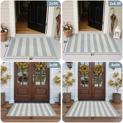 Washable Outdoor Rug 3'X5', Blue/White/Tan Outdoor Area Rug Entryway Rugs Indoor Door Mat Front Porch Rug Cotton Small Checkered Rug Floor Carpet for Entry/Patio/Bedroom/Living Room