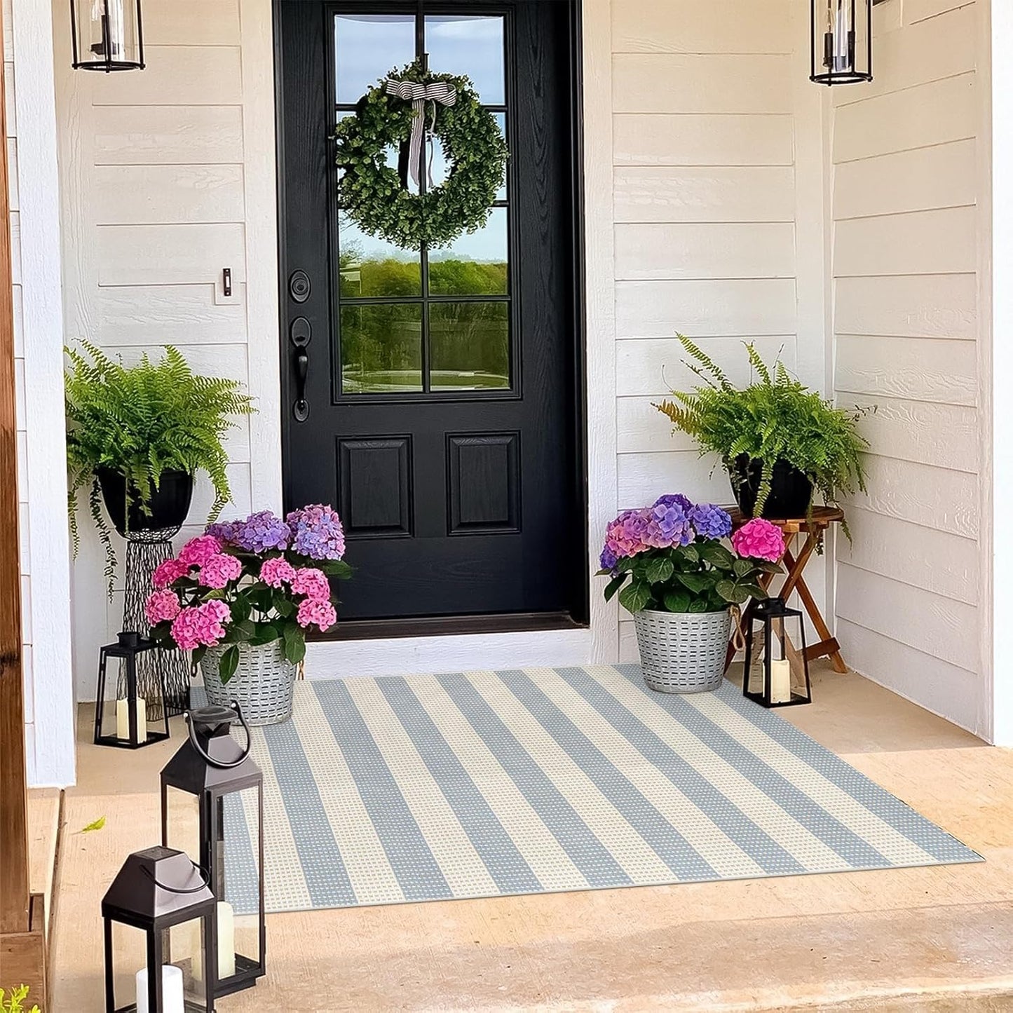 Washable Outdoor Rug 3'X5', Blue/White/Tan Outdoor Area Rug Entryway Rugs Indoor Door Mat Front Porch Rug Cotton Small Checkered Rug Floor Carpet for Entry/Patio/Bedroom/Living Room