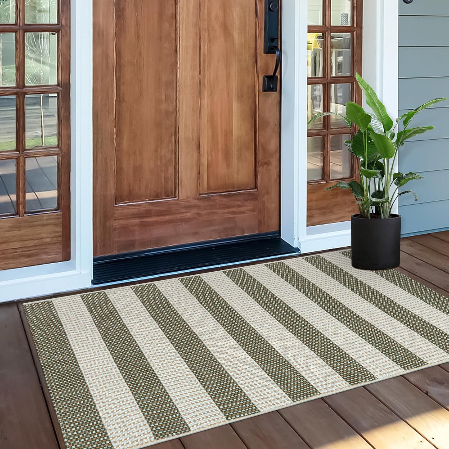 Washable Outdoor Rug 3'X5', Blue/White/Tan Outdoor Area Rug Entryway Rugs Indoor Door Mat Front Porch Rug Cotton Small Checkered Rug Floor Carpet for Entry/Patio/Bedroom/Living Room