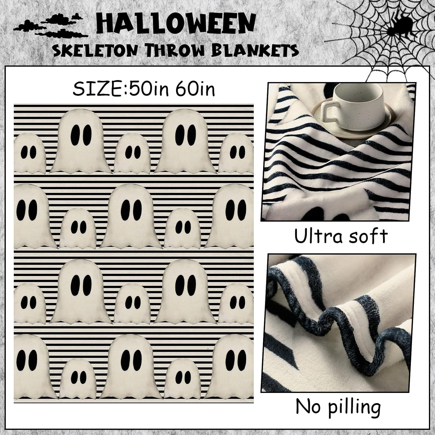 Halloween Throw Blanket Cute Rustic Ghost Flannel Blanket Farmhouse Spooky Blanket Soft Black White Striped Blanket Retro Halloween Decoration for Sofa Bed Holiday Party Gifts,50 X60