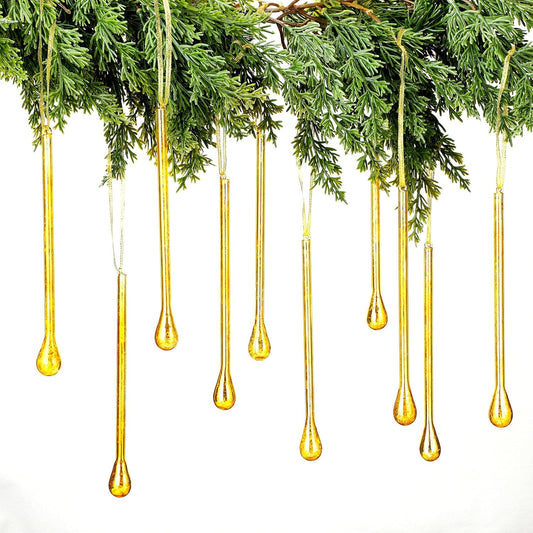 Elevate Your Holiday Decor with 12 Stunning Gold Glass Teardrop Christmas Ornaments - Vintage Icicle Raindrop Design for a Touch of Elegance