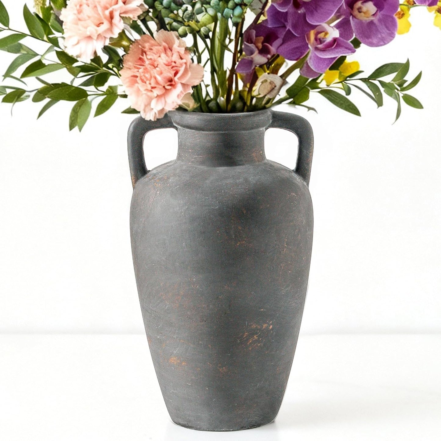 Large Ceramic Vase - 11.41 Inch Tall Rustic Vase with 2 Handles, Decorative Flower Vases for Home Decor, Living Room Shelf Decor, Table Office