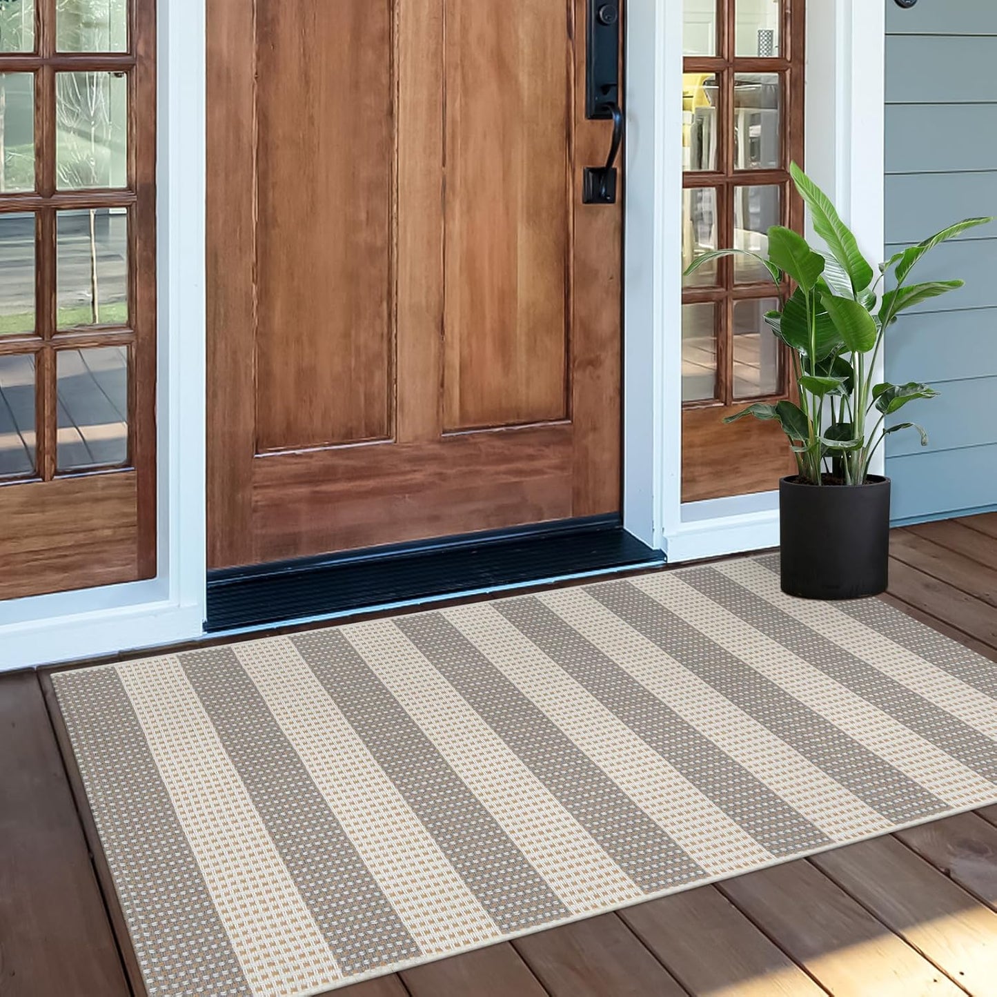 Washable Outdoor Rug 3'X5', Blue/White/Tan Outdoor Area Rug Entryway Rugs Indoor Door Mat Front Porch Rug Cotton Small Checkered Rug Floor Carpet for Entry/Patio/Bedroom/Living Room