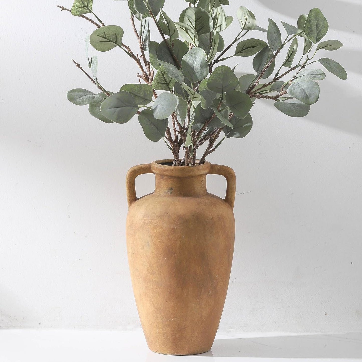 Large Ceramic Vase - 11.41 Inch Tall Rustic Vase with 2 Handles, Decorative Flower Vases for Home Decor, Living Room Shelf Decor, Table Office