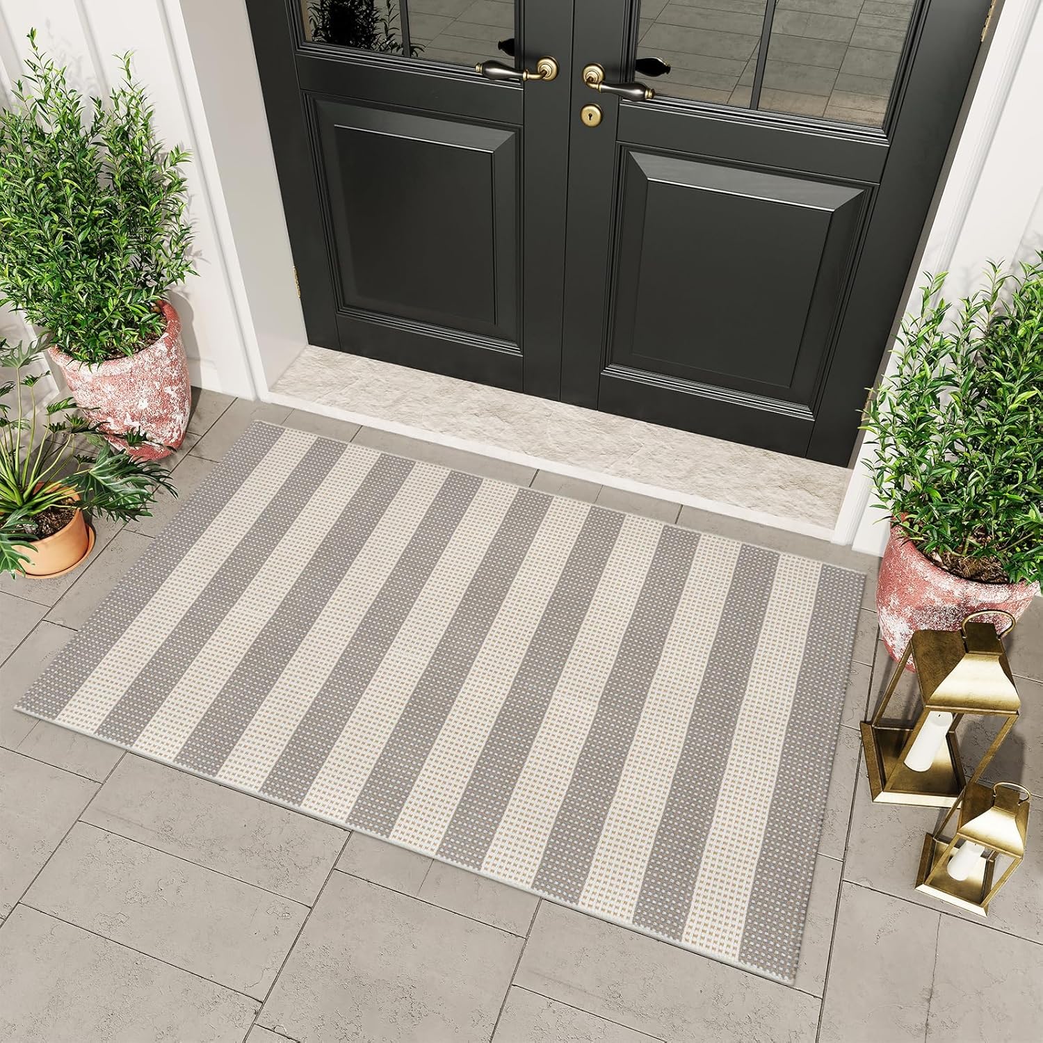 Washable Outdoor Rug 3'X5', Blue/White/Tan Outdoor Area Rug Entryway Rugs Indoor Door Mat Front Porch Rug Cotton Small Checkered Rug Floor Carpet for Entry/Patio/Bedroom/Living Room