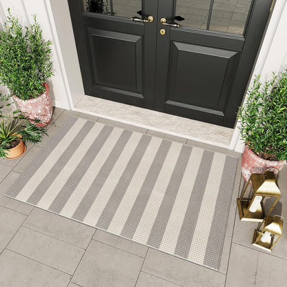 Washable Outdoor Rug 3'X5', Blue/White/Tan Outdoor Area Rug Entryway Rugs Indoor Door Mat Front Porch Rug Cotton Small Checkered Rug Floor Carpet for Entry/Patio/Bedroom/Living Room