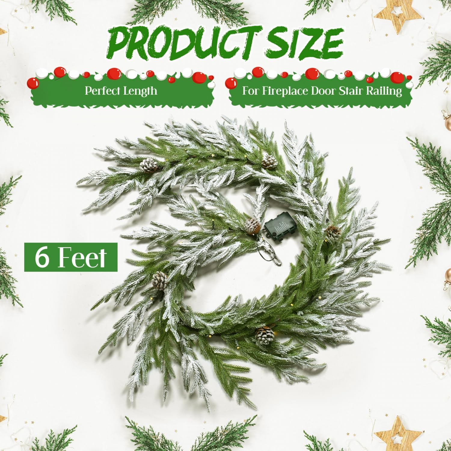 Yoleshy 6FT Real Touch Norfolk Pine Garland with Pinecone and White Snow Battery Operated Prelit Christmas Decorations for Mantle Fireplace