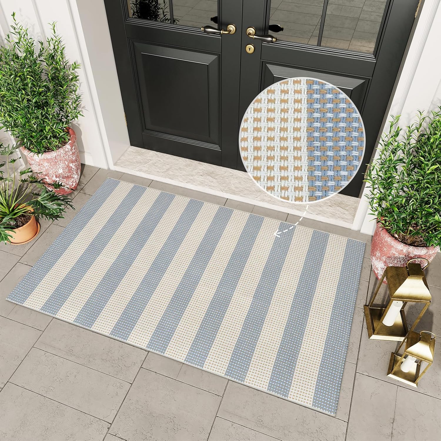 Washable Outdoor Rug 3'X5', Blue/White/Tan Outdoor Area Rug Entryway Rugs Indoor Door Mat Front Porch Rug Cotton Small Checkered Rug Floor Carpet for Entry/Patio/Bedroom/Living Room