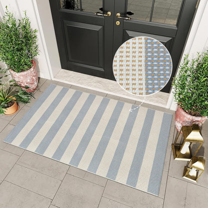 Washable Outdoor Rug 3'X5', Blue/White/Tan Outdoor Area Rug Entryway Rugs Indoor Door Mat Front Porch Rug Cotton Small Checkered Rug Floor Carpet for Entry/Patio/Bedroom/Living Room