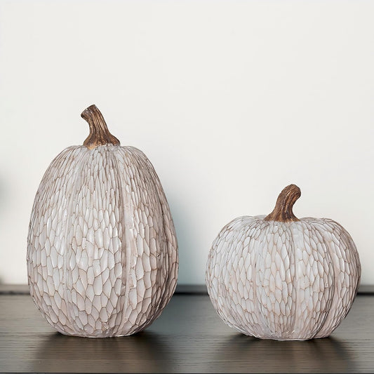 Thanksgiving Resin Pumpkins Fall Decor, Brown and White Decorative Pumpkins Figurine, Artificial Carved Faux Pumpkin Statues for Rustic Fall Tabletop Home Decor, Farmhouse, Autumn, Harvest, Wedding