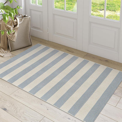 Washable Outdoor Rug 3'X5', Blue/White/Tan Outdoor Area Rug Entryway Rugs Indoor Door Mat Front Porch Rug Cotton Small Checkered Rug Floor Carpet for Entry/Patio/Bedroom/Living Room