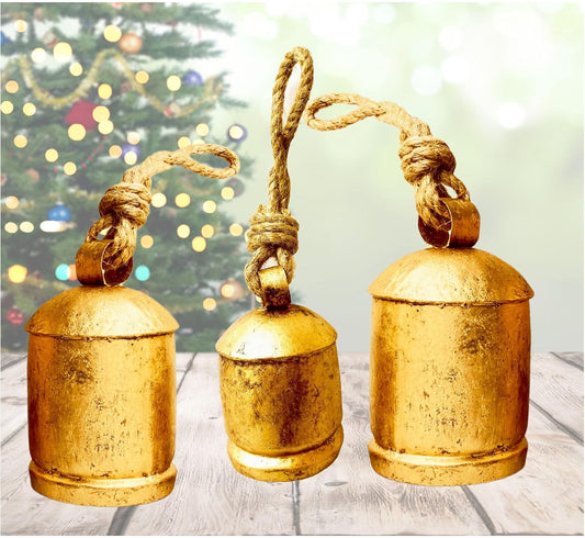 Rustic Harmony Cow Bells Decorative Set of 3 Christmas Bell Large Vintage Golden Cow Bell Brass Coated Country Bells Wall Hanging Cowbell Lucky Charm (3"-4"-5")