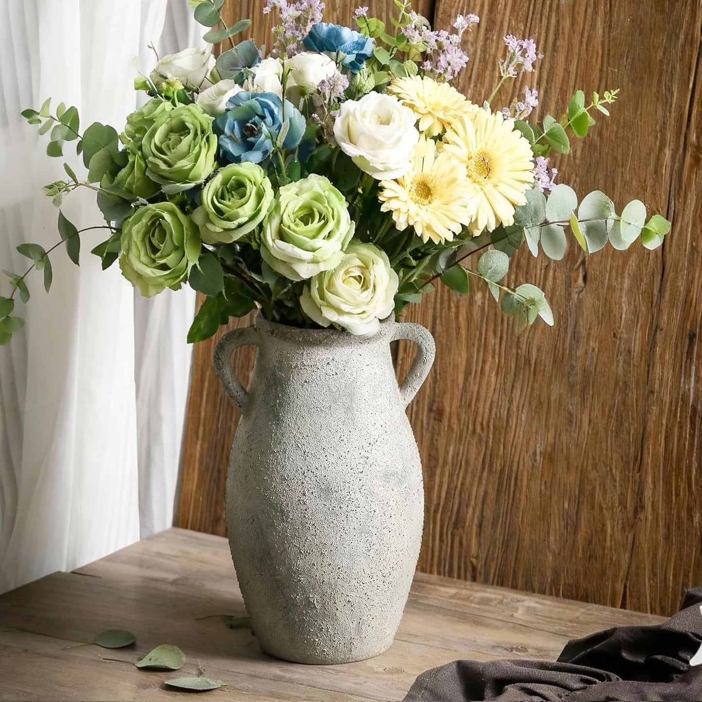 Large Ceramic Vase - 11.41 Inch Tall Rustic Vase with 2 Handles, Decorative Flower Vases for Home Decor, Living Room Shelf Decor, Table Office
