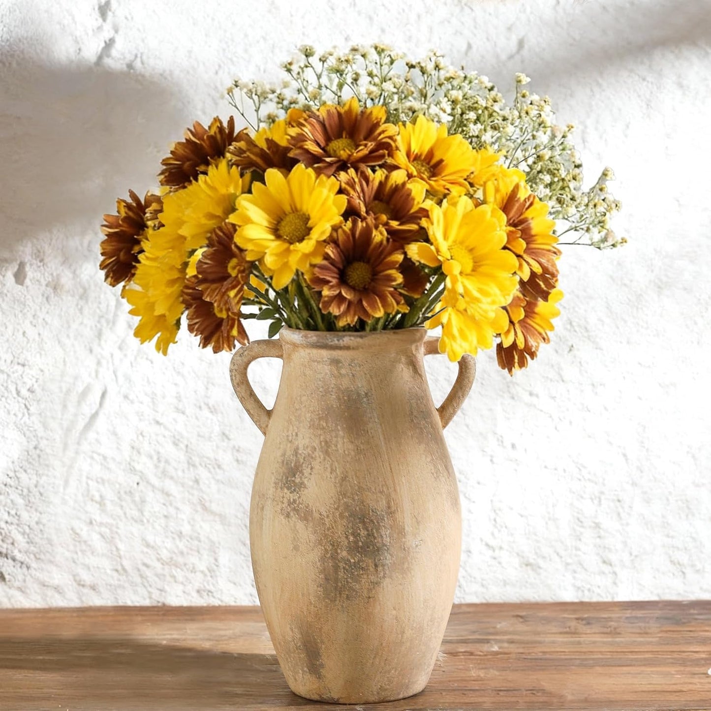 Large Ceramic Vase - 11.41 Inch Tall Rustic Vase with 2 Handles, Decorative Flower Vases for Home Decor, Living Room Shelf Decor, Table Office