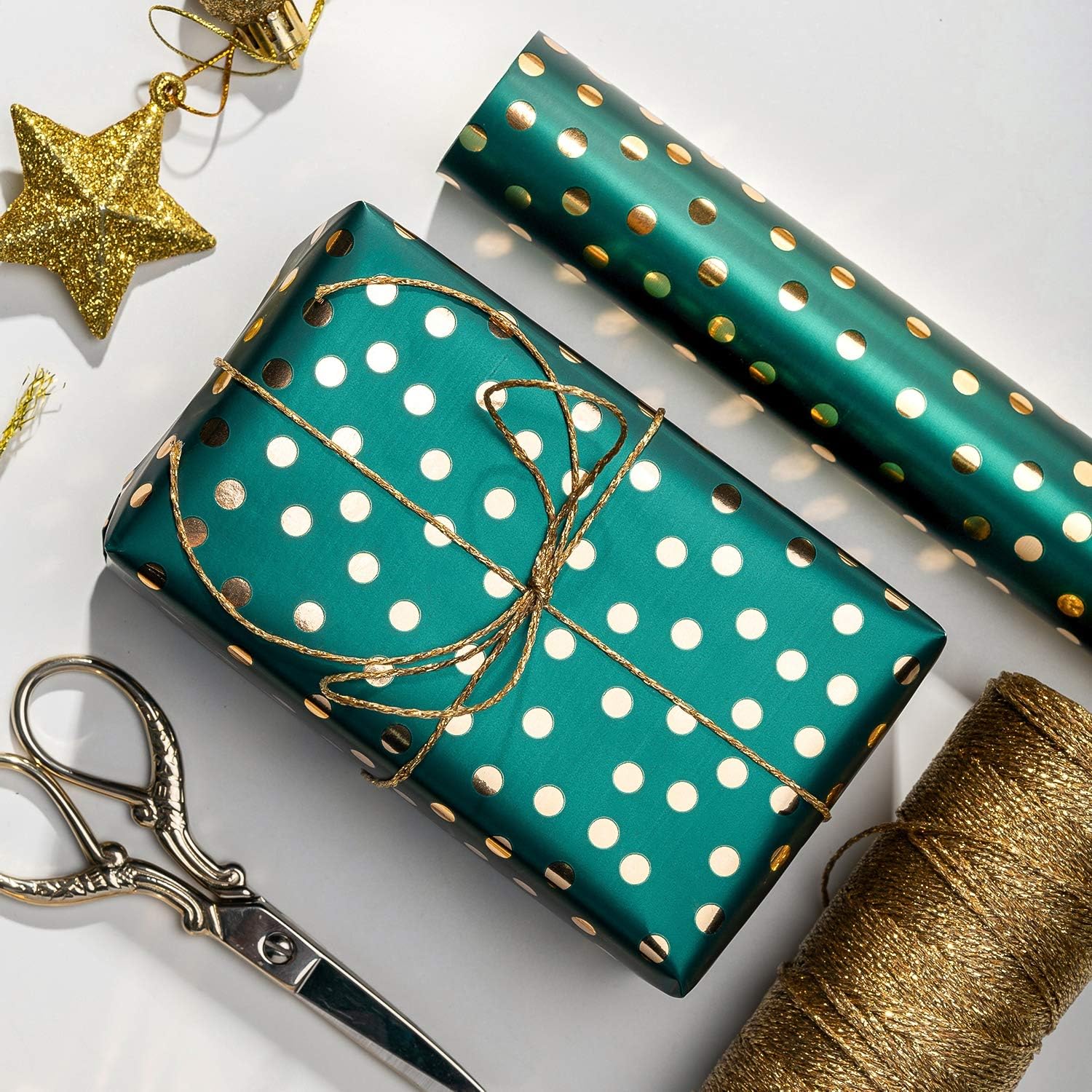 WRAPAHOLIC 30 Inch Green Christmas Wrapping Paper Roll - Jumbo Roll Green and Gold Holiday Design with Metallic Foil Shine - 4 Rolls - 30 Inch X 120 Inch per Roll