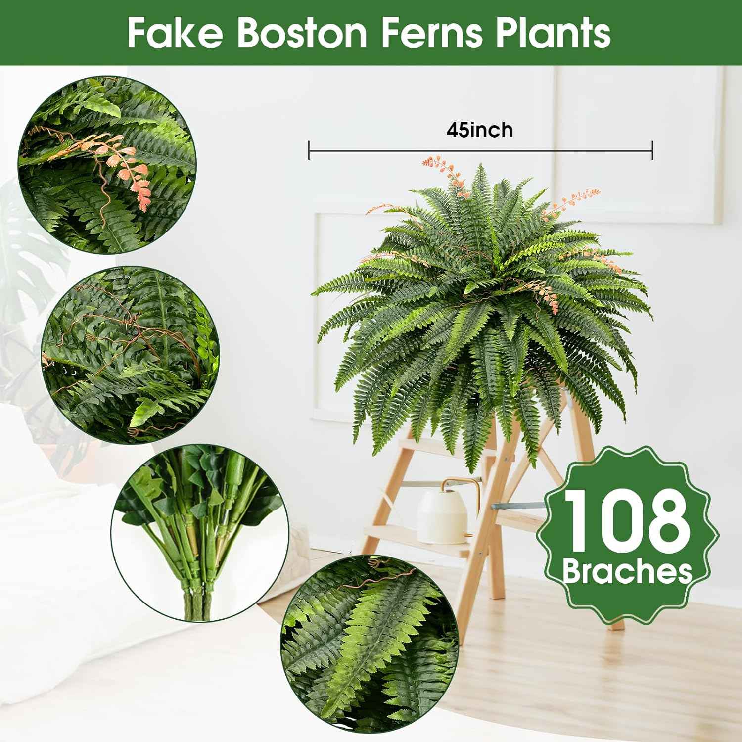 108 Branches Artificial Ferns for Home Decor - Large 50" Set of 2 Faux Boston Ferns for Outdoor Planters and Garden Decor